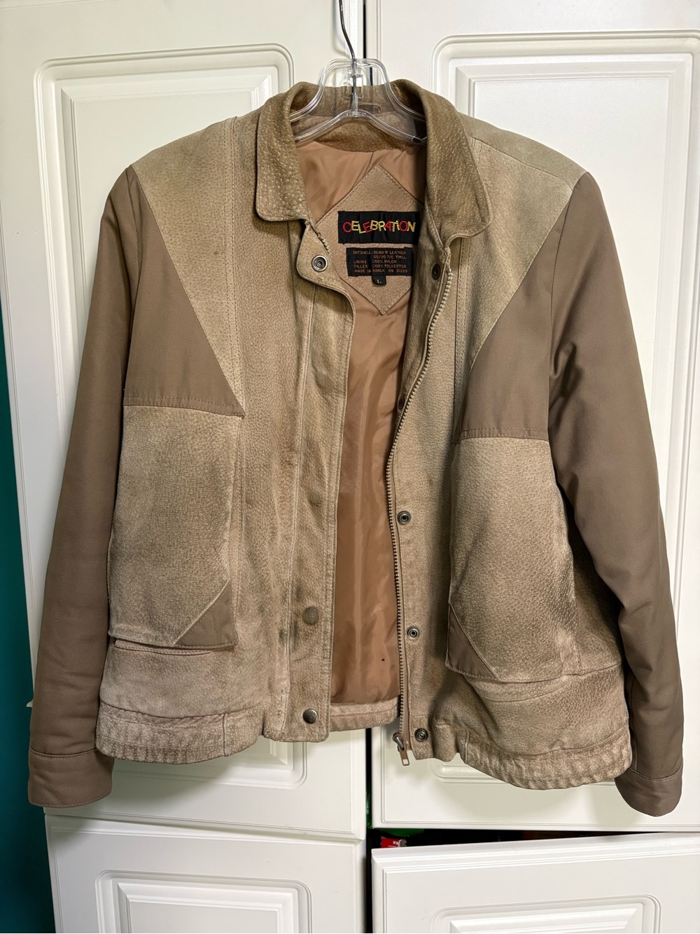 Vintage Men's Brown/Taupe Suede and Twill Bomber Jacket